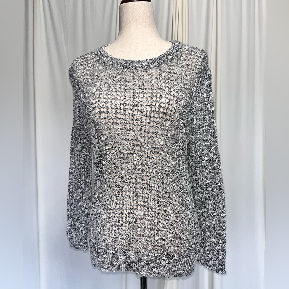 Theory Monochrome Marled Linen Cotton Blend Open Weave Sweater